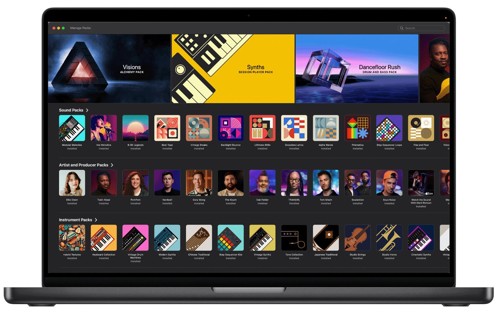 MacBook Pro 上显示着 Logic Pro 中的声音资源库